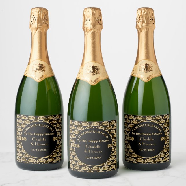 Étiquettes Pour Bouteilles De Vin Mousseux Mariage Art Déco Classy Black Gold (Bouteilles)