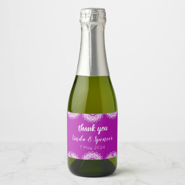 Étiquettes Pour Bouteilles De Vin Mousseux Mariage art déco violet et blanc (Devant)