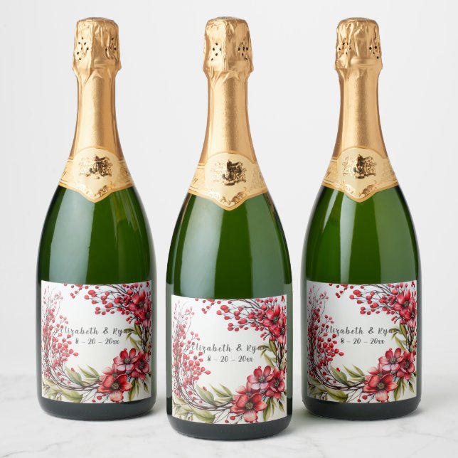 Étiquettes Pour Bouteilles De Vin Mousseux Mariage Belles Fleurs Rouges Feuilles Verdure (Bouteilles)