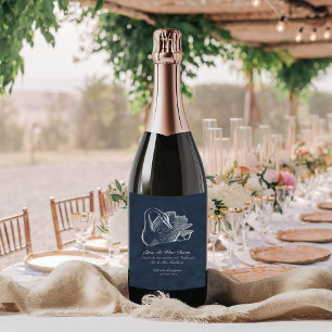 Étiquettes Pour Bouteilles De Vin Mousseux Mariage Blanc Cygne Marine Bleu Plumes