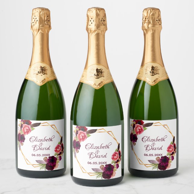 Étiquettes Pour Bouteilles De Vin Mousseux Mariage blanc floral géométrique bordeaux (Bouteilles)
