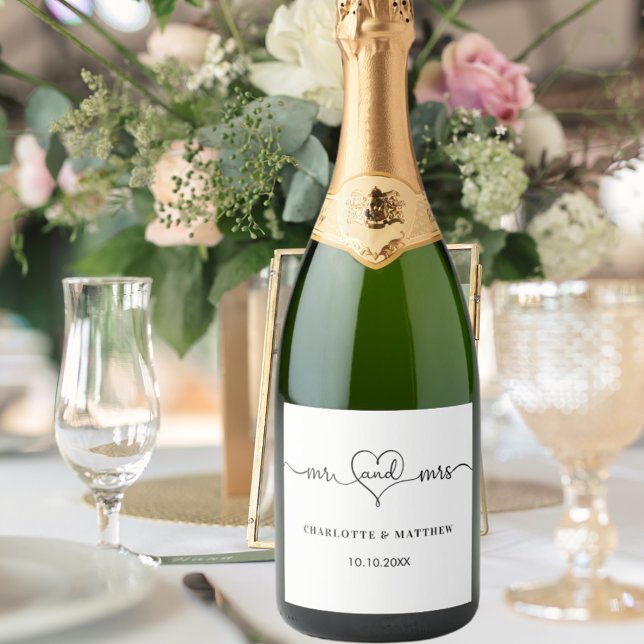 Étiquettes Pour Bouteilles De Vin Mousseux Mariage blanc m. mme heart script (Créateur téléchargé)