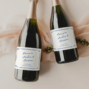Étiquettes Pour Bouteilles De Vin Mousseux Mariage bleu de la marine tiré à la main