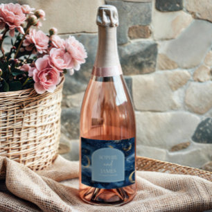 Étiquettes Pour Bouteilles De Vin Mousseux Mariage Céleste Élégant Bleu Or Ciel Étoilé
