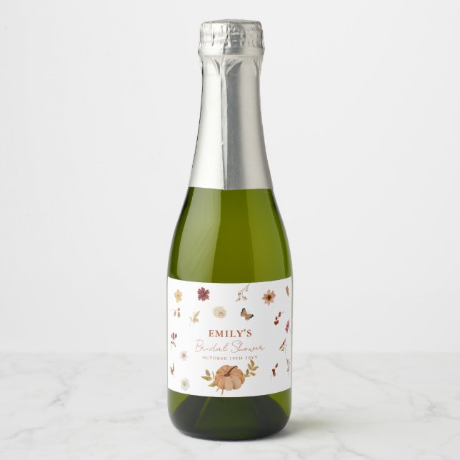 Étiquettes Pour Bouteilles De Vin Mousseux Mariage Champêtre de Fleurs Sauvages et Citrouille (Devant)