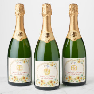 Étiquettes Pour Bouteilles De Vin Mousseux Mariage chinois cadre jaune oiseau fleuri élégant