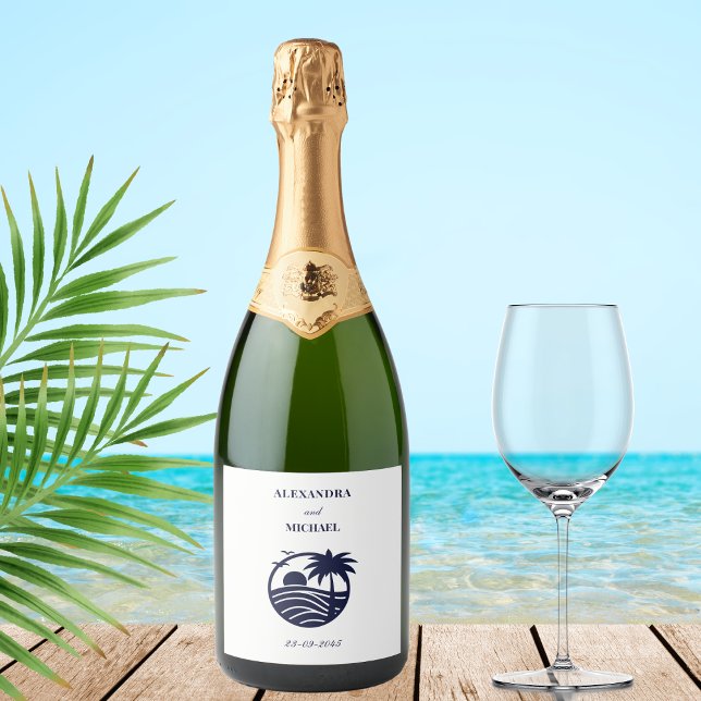 Étiquettes Pour Bouteilles De Vin Mousseux Mariage côtier Chic Navy White Palm Tree (Créateur téléchargé)