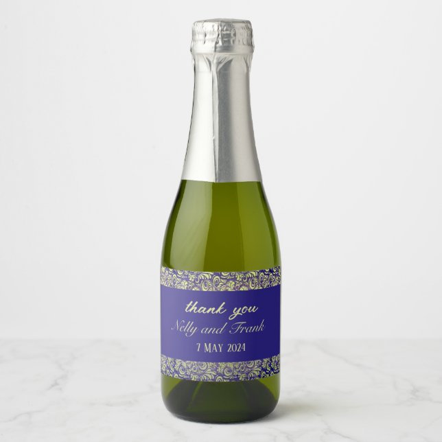 Étiquettes Pour Bouteilles De Vin Mousseux Mariage damassé violet jaune (Devant)