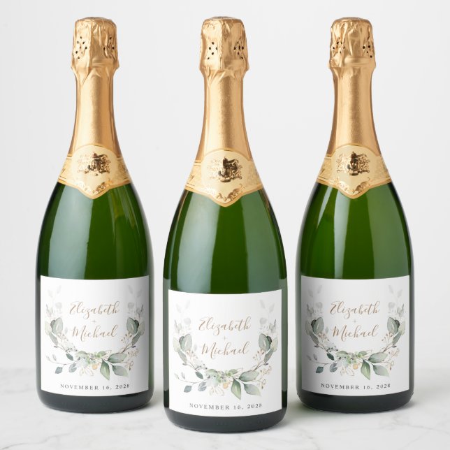 Étiquettes Pour Bouteilles De Vin Mousseux Mariage d'aquarelle verte (Bouteilles)