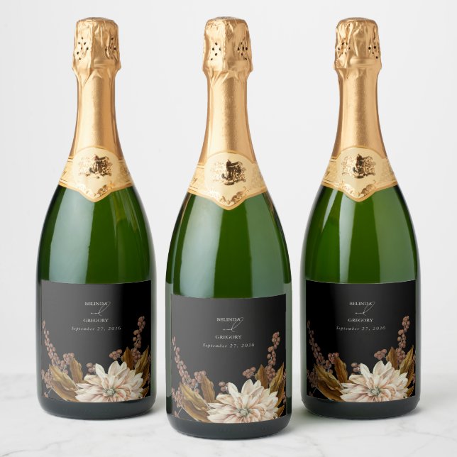 Étiquettes Pour Bouteilles De Vin Mousseux Mariage de automne d'aquarelle noire florale d'aut (Bouteilles)