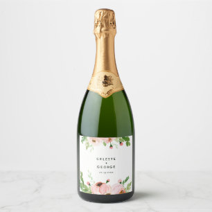 Étiquettes Pour Bouteilles De Vin Mousseux Mariage de couronnes à fleurs rose pâle