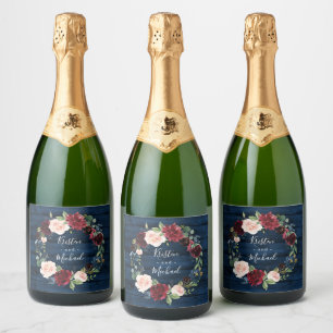 Étiquettes Pour Bouteilles De Vin Mousseux Mariage de couronnes bleu marine bleu bordeaux ble