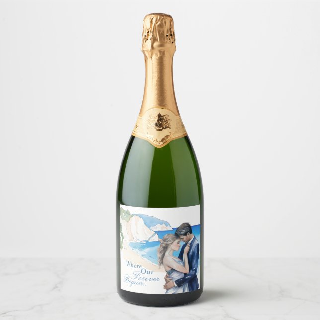 Étiquettes Pour Bouteilles De Vin Mousseux Mariage de destination côtier (Devant)