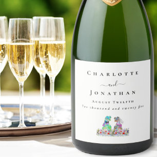 Étiquettes Pour Bouteilles De Vin Mousseux Mariage de dinosaures personnalisé avec mariée et 