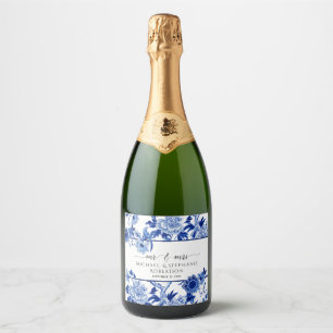 Étiquettes Pour Bouteilles De Vin Mousseux Mariage de la marine Blue White Asian Floral Bird 