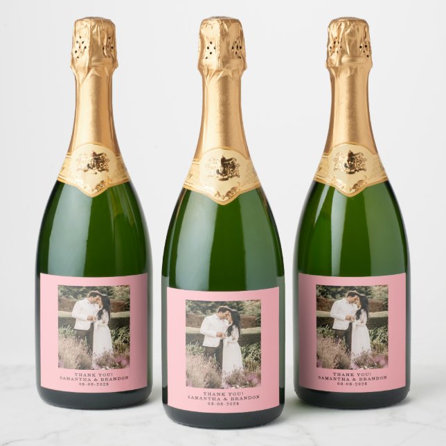 Étiquettes Pour Bouteilles De Vin Mousseux Mariage de Merci photo rose vif (Bouteilles)