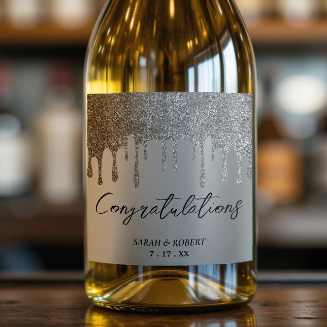 Étiquettes Pour Bouteilles De Vin Mousseux Mariage de Parties scintillant argent (Silver Glitter Drip Wedding Sparkling Wine Label
)