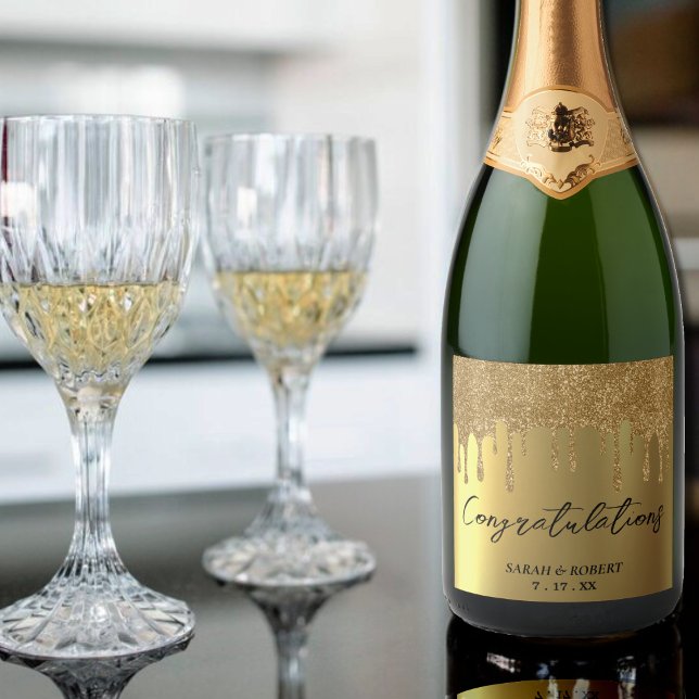 Étiquettes Pour Bouteilles De Vin Mousseux Mariage de Parties scintillant Gold (Gold Glitter Drip Wedding Sparkling Wine Label)
