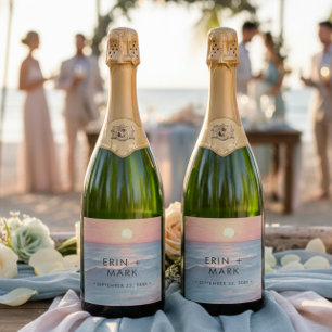 Étiquettes Pour Bouteilles De Vin Mousseux Mariage de plage à l'aquarelle au coucher du solei