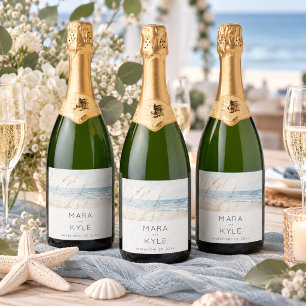 Étiquettes Pour Bouteilles De Vin Mousseux Mariage de plage à l'aquarelle moderne au bord de