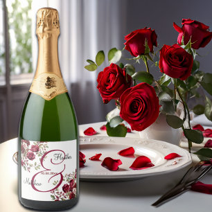 Étiquettes Pour Bouteilles De Vin Mousseux Mariage de script moderne floral de Bourgogne