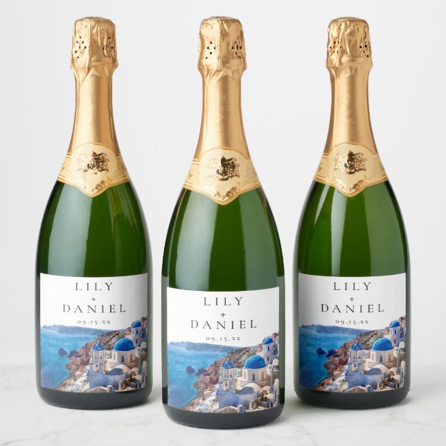Étiquettes Pour Bouteilles De Vin Mousseux Mariage Destination à Santorin Grèce Aquarelle (Bouteilles)