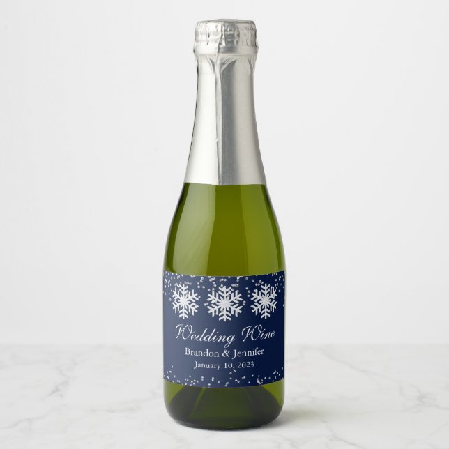 Étiquettes Pour Bouteilles De Vin Mousseux Mariage d'hiver Snowflakes et Parties scintillant  (Devant)
