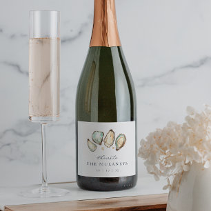 Étiquettes Pour Bouteilles De Vin Mousseux Mariage d'huîtres d'aquarelle côtière