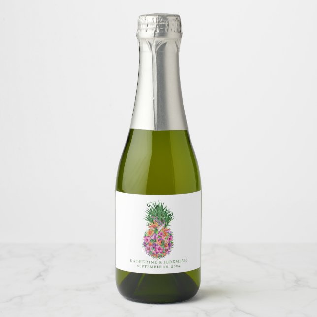 Étiquettes Pour Bouteilles De Vin Mousseux Mariage élégant à l'ananas floral tropical (Devant)