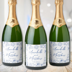Étiquettes Pour Bouteilles De Vin Mousseux Mariage Fantaisiste Bleu Dessiné à la Main