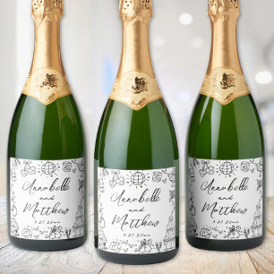 Étiquettes Pour Bouteilles De Vin Mousseux Mariage Fantaisiste Dessiné à la Main