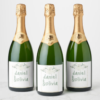 Étiquettes Pour Bouteilles De Vin Mousseux Mariage Fleur sauvage élégant Charm Green