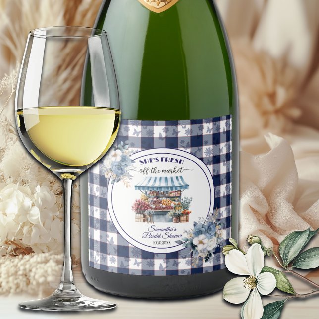 Étiquettes Pour Bouteilles De Vin Mousseux Mariage Fleuriste Blue Gingham Hors du Marché (Créateur téléchargé)