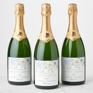 Étiquettes Pour Bouteilles De Vin Mousseux Mariage Fleurs d'Hydrangeas Quelque Chose de Bleu