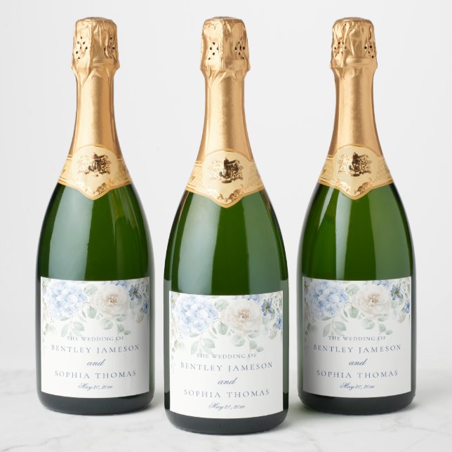 Étiquettes Pour Bouteilles De Vin Mousseux Mariage Fleurs d'Hydrangeas Quelque Chose de Bleu (Bouteilles)