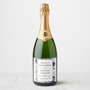 Étiquettes Pour Bouteilles De Vin Mousseux Mariage Floral Aquarelle Gris Argent Violet