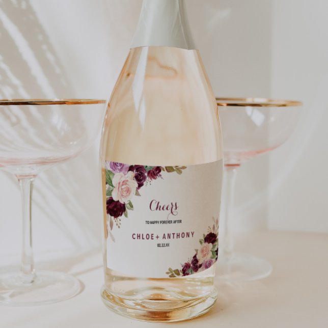 Étiquettes Pour Bouteilles De Vin Mousseux Mariage floral bleu vert Bourgogne (Créateur téléchargé)