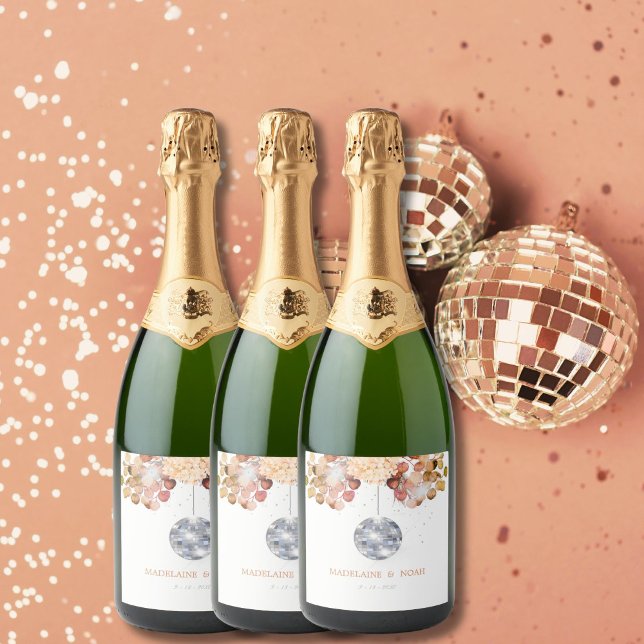 Étiquettes Pour Bouteilles De Vin Mousseux Mariage Floral Disco Ball Élégant Chic (Créateur téléchargé)