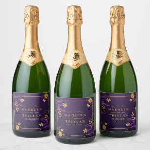 Étiquettes Pour Bouteilles De Vin Mousseux Mariage Floral Purple & Gold Aesthetics