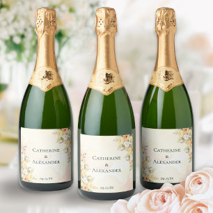 Étiquettes Pour Bouteilles De Vin Mousseux Mariage Floral Rustique Roses Aquarelle Personnali