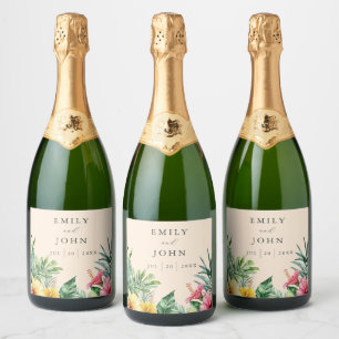Étiquettes Pour Bouteilles De Vin Mousseux Mariage floral tropical moderne Peach