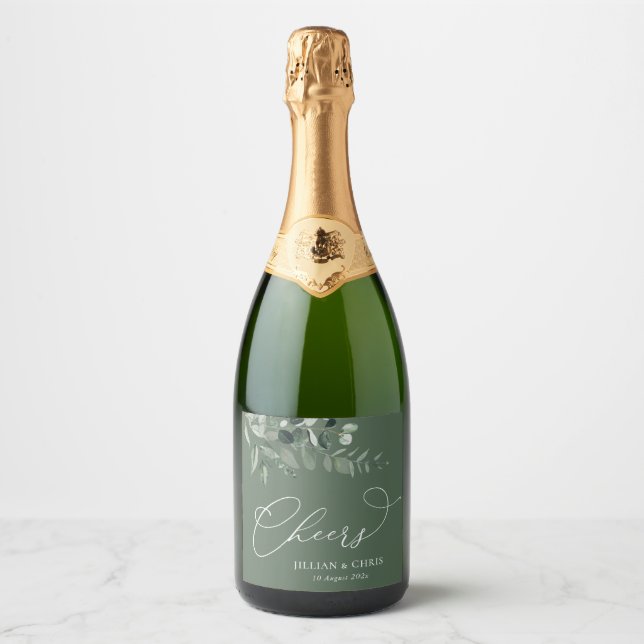 Étiquettes Pour Bouteilles De Vin Mousseux Mariage floral vert Sage (Devant)
