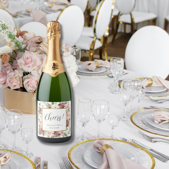 Étiquettes Pour Bouteilles De Vin Mousseux Mariage Florales Rose Mauve Cadre Doré (Créateur téléchargé)