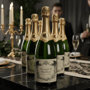 Étiquettes Pour Bouteilles De Vin Mousseux Mariage gothique vintage noir toile marron chauve-