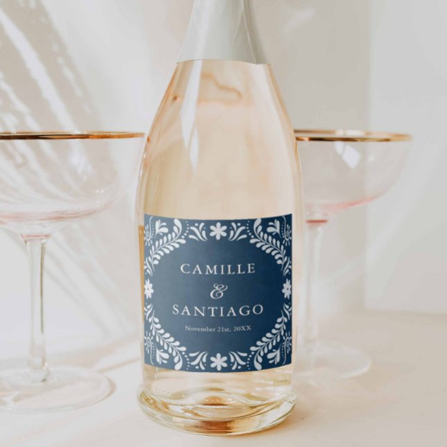 Étiquettes Pour Bouteilles De Vin Mousseux Mariage mexicain Blue Talavera (Blue Talavera Mexican Wedding Champagne Label)