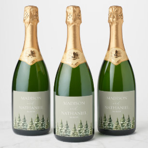 Étiquettes Pour Bouteilles De Vin Mousseux Mariage minimaliste de la forêt de pins neigeux d'