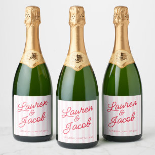 Étiquettes Pour Bouteilles De Vin Mousseux Mariage Moderne Minimaliste Rayures Rouges Roses