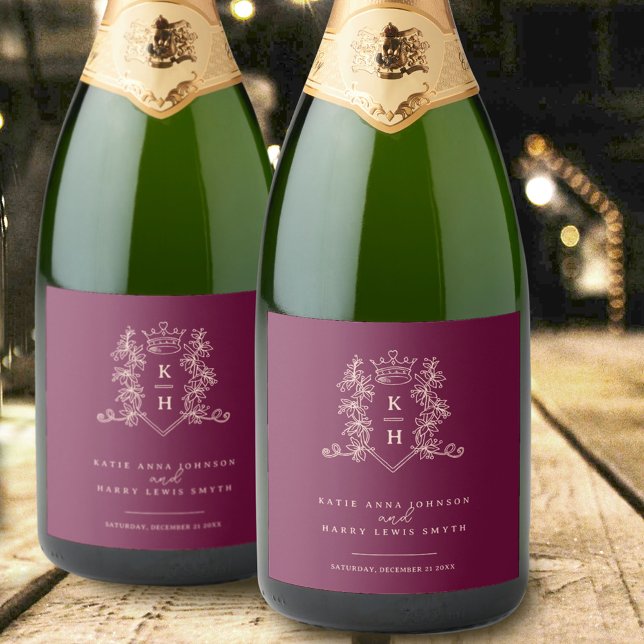 Étiquettes Pour Bouteilles De Vin Mousseux Mariage monogramme de couronne photo rouge vin fon (Créateur téléchargé)