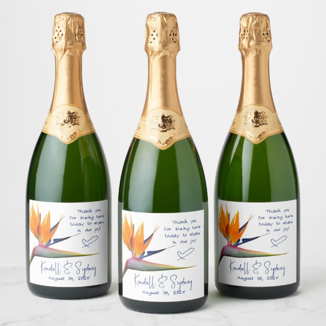 Étiquettes Pour Bouteilles De Vin Mousseux Mariage Oiseau de Paradis Orange (Bouteilles)