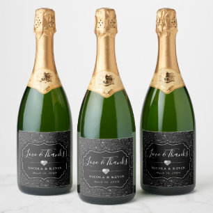 Étiquettes Pour Bouteilles De Vin Mousseux Mariage Pailleté Noir et Argent Glamour